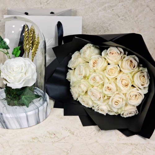 Preserved Rose And Hand Bouquet White