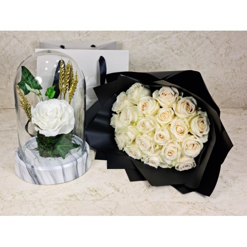 Preserved Rose And Hand Bouquet White
