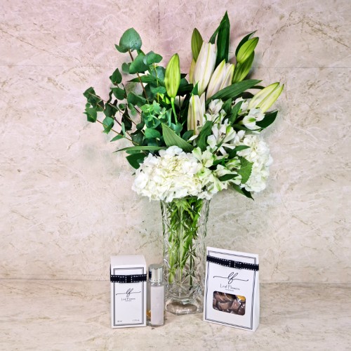 Crystal Vase with Lilies and Gifts Crystal Vase with Lilies and Gifts