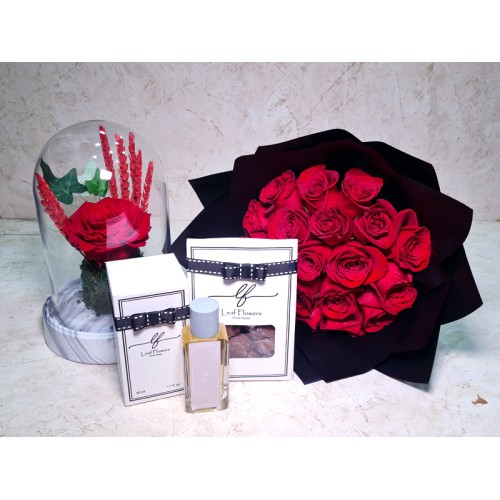 preserved rose, hand bouquet, perfume, chocolate.